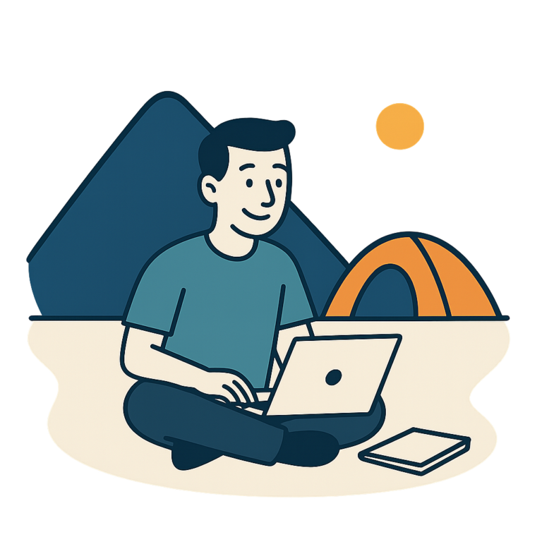 Man sitting near his tent at basecamp using his computer for AI