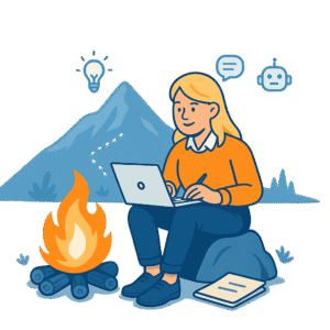 Woman sitting by a basecamp fire learning AI on the computer